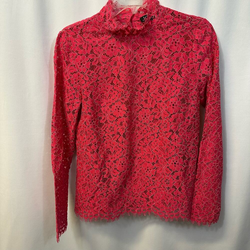 J. Crew Re-imagined Hot Pink Lace Mock Neck Long Sleeve Lined Cami Blouse 2